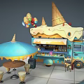 Cartoon Ice Cream Truck Scene With Colorful Umbrella Tables Chairs And Balloons