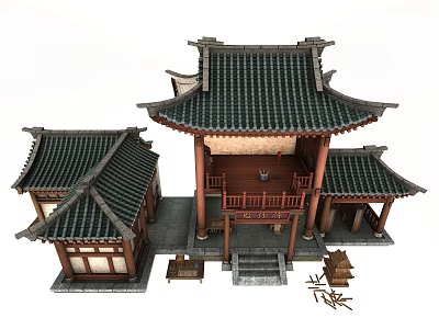 Cartoon Scene of Traditional Chinese Architecture with Tiled Roofs Wooden Structures and Courtyard Details 3d model