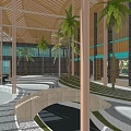 Hotel Building With Brown Curved Roof Design Surrounded By Palm Trees Beach And Swimming Pool