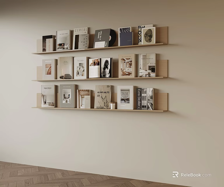 Stylish Bookshelf Display With Various Books On Beige Wall And Wooden Floor 3d model 