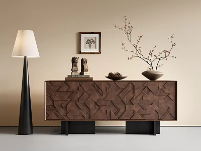 Stylish Entryway Console Table With Carved Wooden Pattern Lamp Framed Art And Decorative Branches 3d model