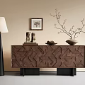 Stylish Entryway Console Table With Carved Wooden Pattern Lamp Framed Art And Decorative Branches