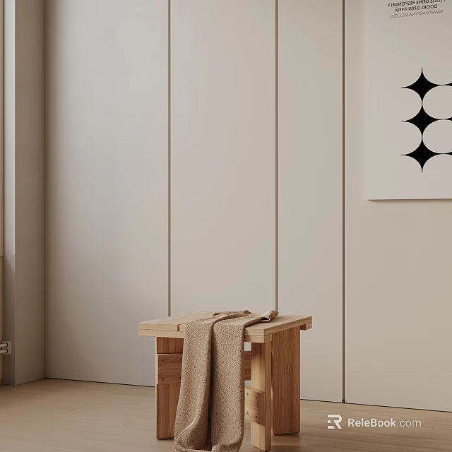 Minimalist Wooden Side Table In Home Interior With Draped Towel And Neutral Wall 3d model 