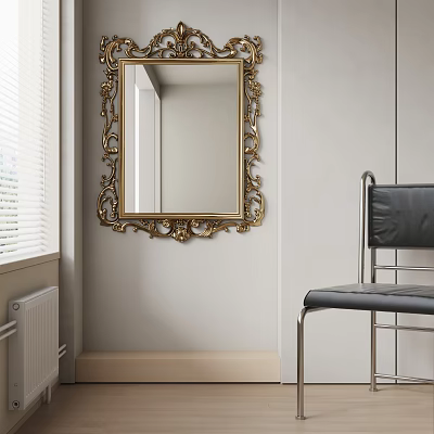 Golden Ornate Mirror Frame On Light Colored Wall Near Black Chair And Window Blinds 3d model