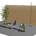 Natural Bamboo Weave Partition With Stones Lanterns And Moss In Zen Garden