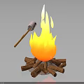 Campfire Scene With Burning Flame Wood Logs And Marshmallow On Stick