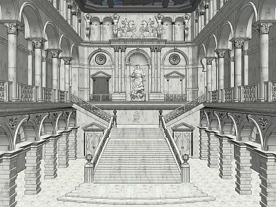 Ornate Classical Architecture Interior With Grand Staircase Columns Arches And Sculpture 3d model