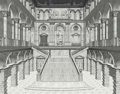 Ornate Classical Architecture Interior With Grand Staircase Columns Arches And Sculpture 3d model