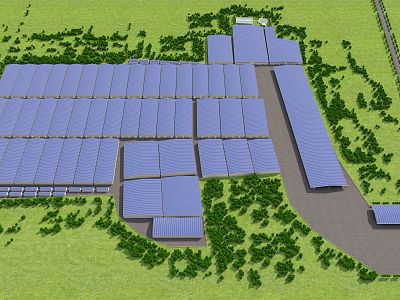 Aerial Planning of Neatly Arranged Blue Roofed Buildings With Green Spaces And Roadways 3d model