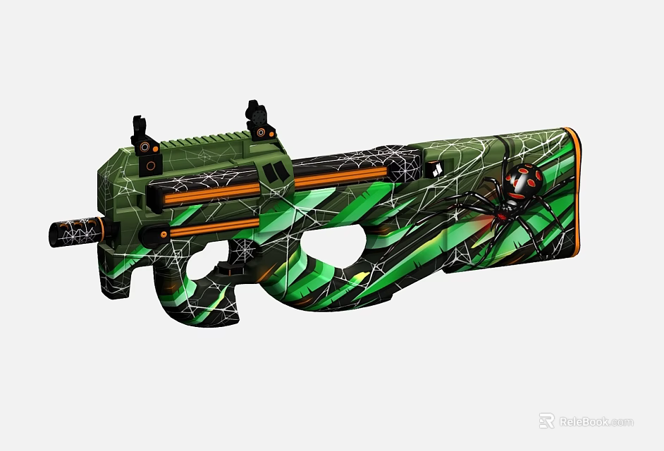 Green And Black Camouflage Rifle With Orange Accents And Spider Web Design 3d model 