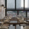 Industrial Rustic Dining Table Set With Round Wood Table Chairs Large Window And Building View