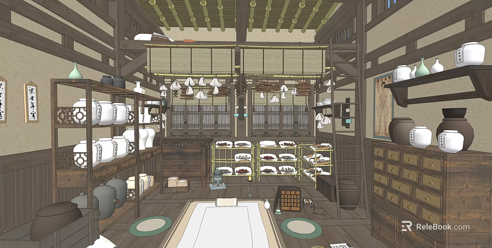 Traditional Japanese Shop Interior with Wooden Shelves Displaying Snacks and Hanging Lanterns 3d model 