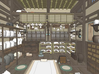 Traditional Japanese Shop Interior with Wooden Shelves Displaying Snacks and Hanging Lanterns 3d model