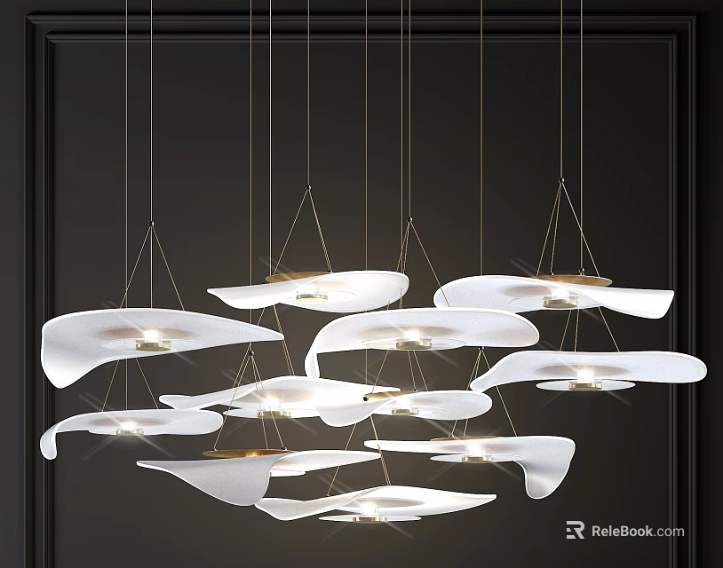 Modern White Petal Shaped Chandelier With Golden Accents Hanging Illuminated Design 3d model 