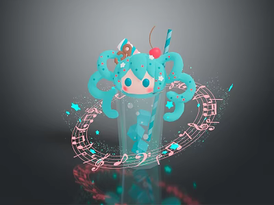 Decorative Transparent Cup With Blue Ice Cream Cartoon Face Cherry Straw And Music Notes 3d model