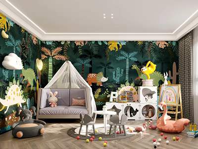 Kids Room Design With Jungle Theme Wallpaper Canopy Tent Stuffed Animals And Cloud Decor 3d model