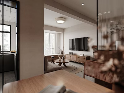 Modern Open Living And Dining Room Interior With TV Wall Sofa And Dining Table 3d model