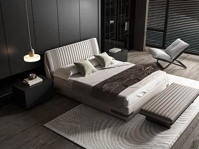 Modern Double Bed Design With Striped Headboard Pillows Bedspread Nightstand Floor Lamp And Area Rug 3d model