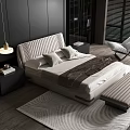 Modern Double Bed Design With Striped Headboard Pillows Bedspread Nightstand Floor Lamp And Area Rug