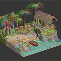 Cartoon Scene Featuring Thatched Hut Palm Trees Sand Beach And Small Boat On Water