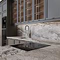 Elegant Modern Kitchen Cabinets With Dark Gray Glass Doors And Marble Countertop
