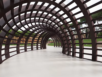 Scenic Arched Wooden Slat Walkway With Green Lawn And Trees 3d model
