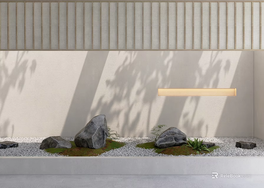 Elegant Zen Garden Ornament Featuring Stones Moss Lighting Wall Shadows And Pebbles 3d model 