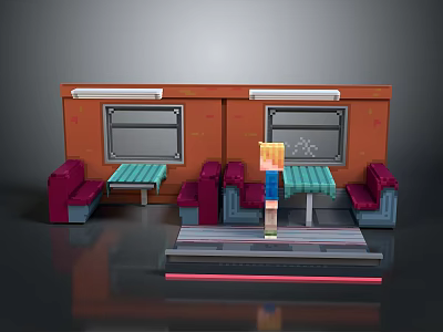 Dining Train Car Interior with Orange Walls Two Windows Red Sofa Seats and Green Tables 3d model