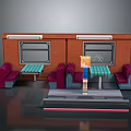 Dining Train Car Interior with Orange Walls Two Windows Red Sofa Seats and Green Tables