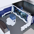Modern Tech Exhibition Hall With Blue White Interior And Digital Display Counters 3d model