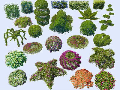 Various Shaped And Trimmed Garden Shrubs With Different Forms And Colors 3d model