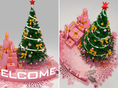 Festive Christmas Tree With Pink Gift Boxes Welcome Sign And Decorations 3d model