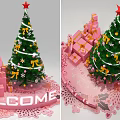Festive Christmas Tree With Pink Gift Boxes Welcome Sign And Decorations