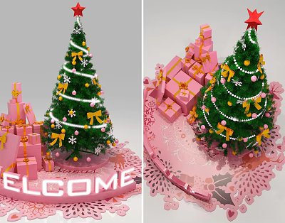 Festive Christmas Tree With Pink Gift Boxes Welcome Sign And Decorations 3d model