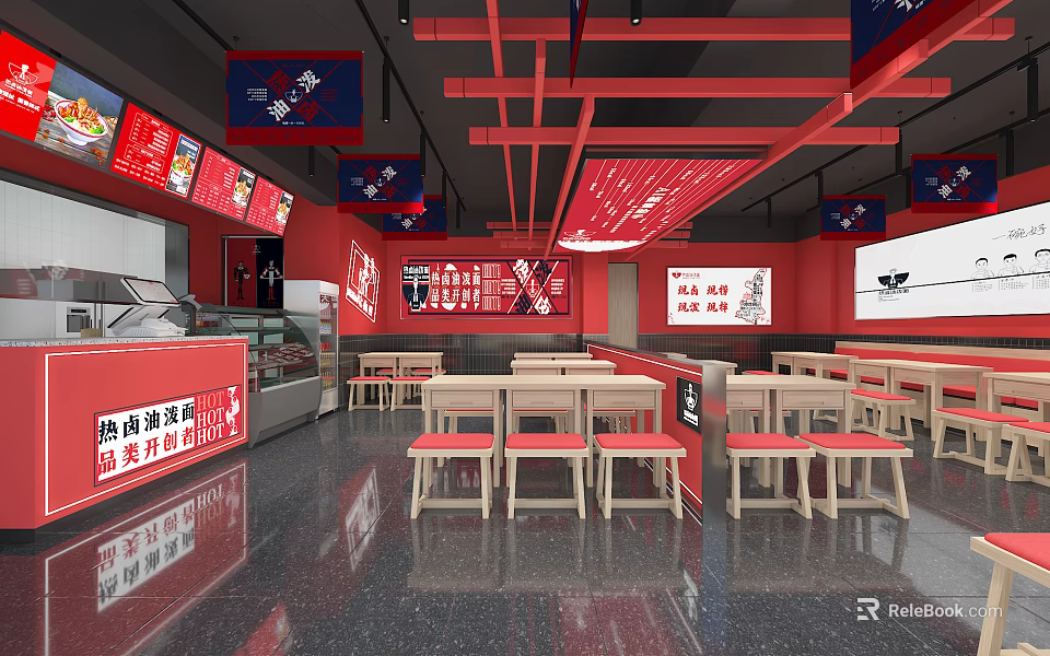 Red Themed Restaurant Interior With Tables Chairs Menu Boards And Ceiling Beams 3d model 