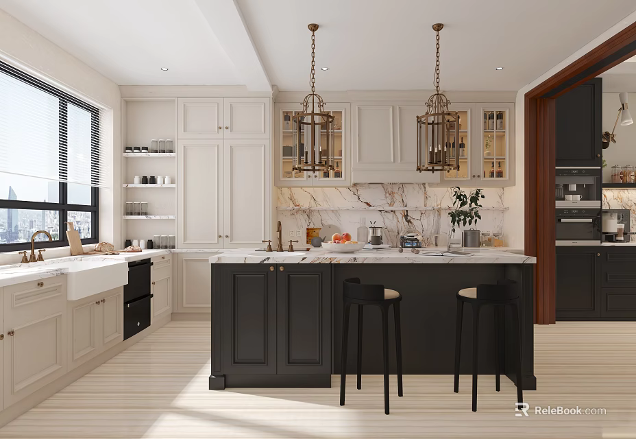 Modern Kitchen With White And Black Cabinets Island Counter Pendant Lights And Bar Stools 3d model 