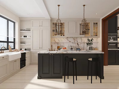 Modern Kitchen With White And Black Cabinets Island Counter Pendant Lights And Bar Stools 3d model