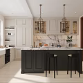 Modern Kitchen With White And Black Cabinets Island Counter Pendant Lights And Bar Stools