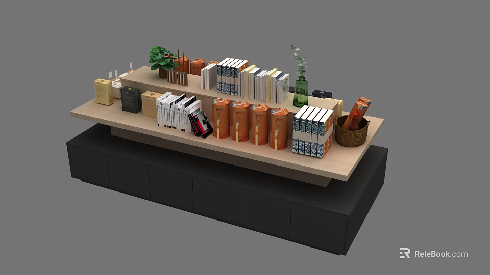 Wooden Storage Shelf With Books Decorations Green Plant And Black Base Drawers 3d model 