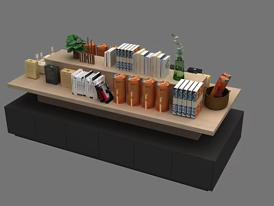 Wooden Storage Shelf With Books Decorations Green Plant And Black Base Drawers 3d model