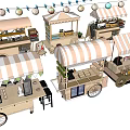 Various Designed Mobile Food Carts With Striped Canopies For Street Service