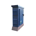 Industrial Equipment Blue Cabinet With Lockable Door Cooling Fins And Safety Icons