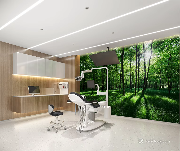Modern Dental Clinic Interior With Green Forest Wall Mural White Cabinets And Medical Equipment 3d model 