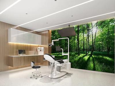 Modern Dental Clinic Interior With Green Forest Wall Mural White Cabinets And Medical Equipment 3d model
