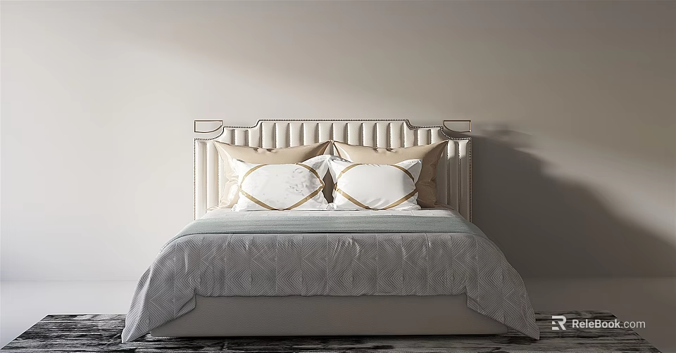 Elegant Modern Double Bed With Tufted Headboard Decorative Pillows And Quilted Bedspread 3d model