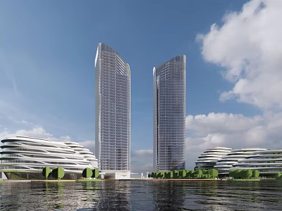 Modern High Rise Office Towers with Waterfront View Greenery and Surrounding Low Rise Buildings 3d model