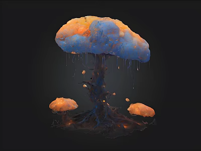 Unique Mushroom Cloud Structure With Orange Blue Top Root Base And Small Orange Spheres 3d model