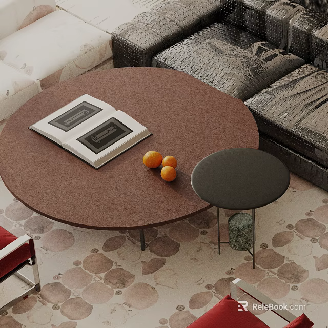 Dark Sofa And Brown Round Coffee Table Set With Open Books Oranges On Patterned Floor 3d model 