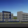 Modern Office Building With Blue And White Exterior Multi Storey Large Glass Windows Parking Lot And Cars