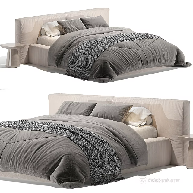 Modern Double Bed With Beige Headboard Grey Bedding And Side Table 3d model